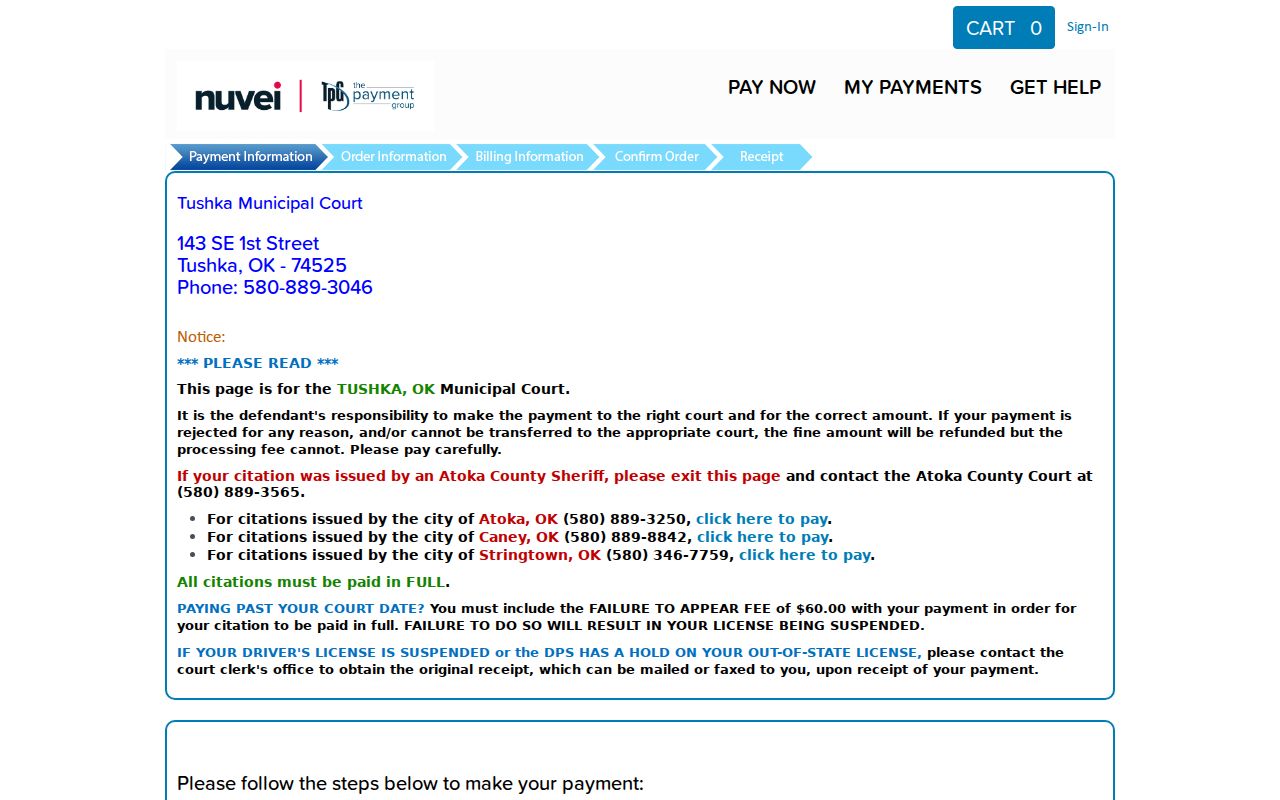 Tushka warrant records municipal court payment page